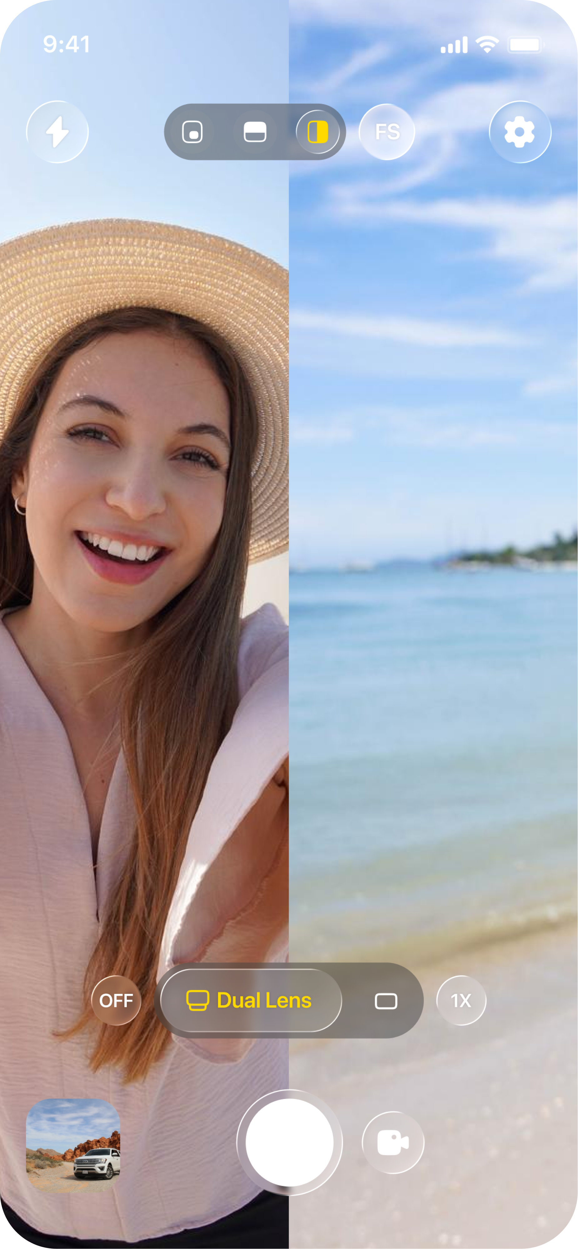 Split screen camera screen with glass style